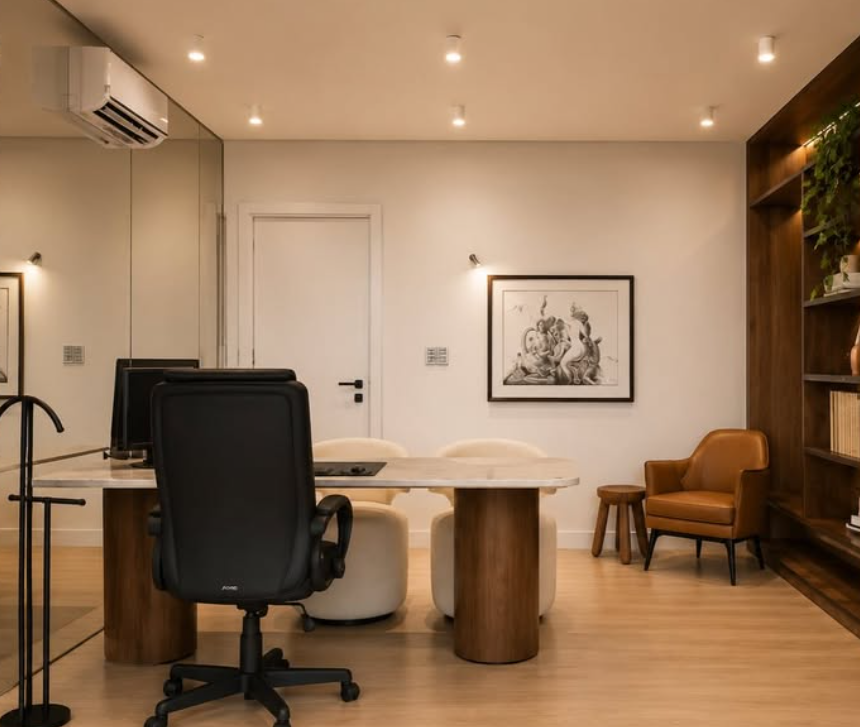 Vista da mesa de trabalho e da marcenaria do escritório