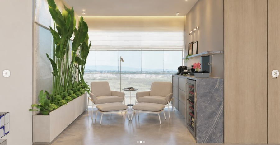Duas poltronas e vegetação junto à janela de um projeto residencial
