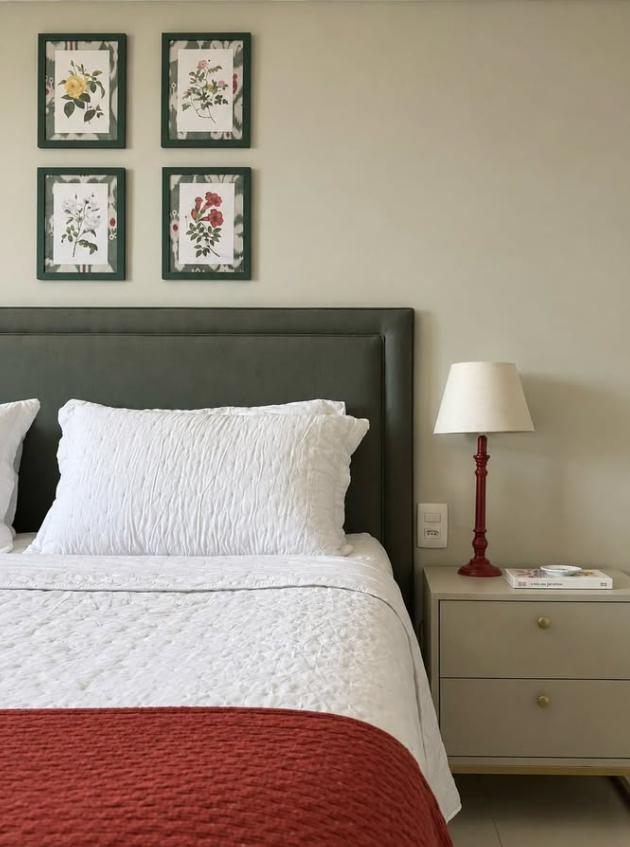Quarto com cabeceira verde e colcha em tom terracota